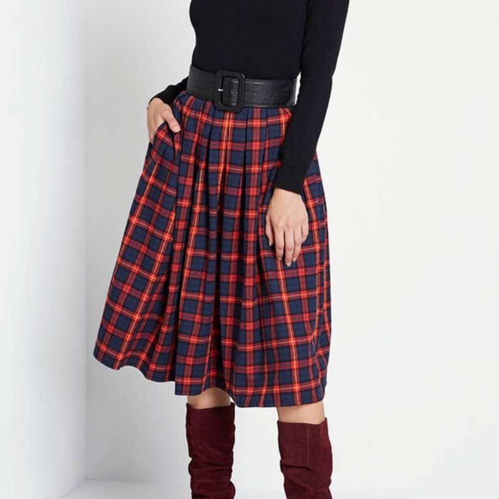 Modcloth Red and Blue Pleated Midi Skirt